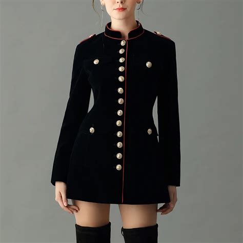 navy blue velvet military jacket autumn winter women's fashion jackets button epaulet single ...