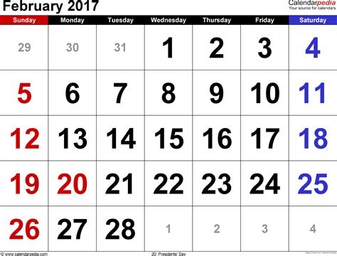 February 2017 - calendar templates for Word, Excel and PDF