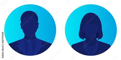 Male and female face avatars, man and woman silhouette heads in profile icon on blue brightly ...