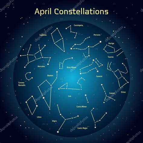 Vector illustration of the constellations of the night sky in April. Glowing a dark blue circle ...