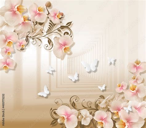 3D Illustration of beautiful pink flowers 3d background 3D Wallpaper. Wallpaper with butterflies ...