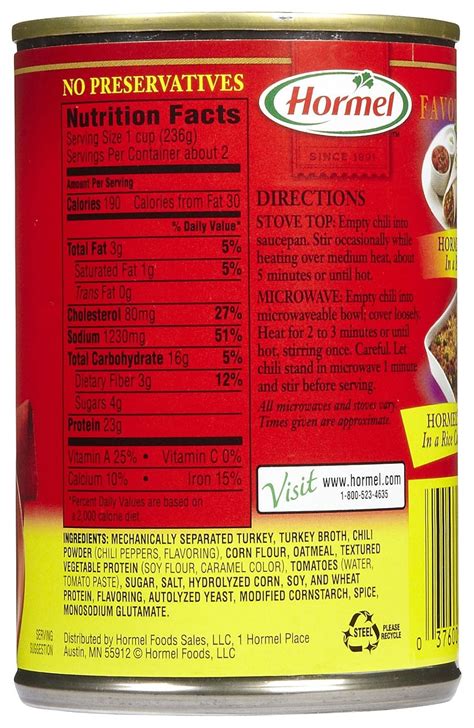 Hormel Turkey Chili No Beans Nutrition Facts | Besto Blog