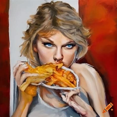 Painting of taylor swift enjoying fish and chips