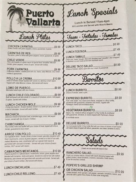 Menu at Puerto Vallarta restaurant, Redding, Eureka Way