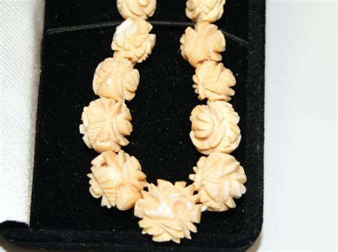 Antique Edwardian Carved Ivory Rose Bead Necklace