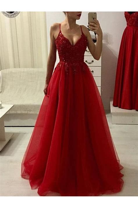 Long Red Spaghetti Strap V-Neck Prom Dresses Formal Evening Dresses 601151