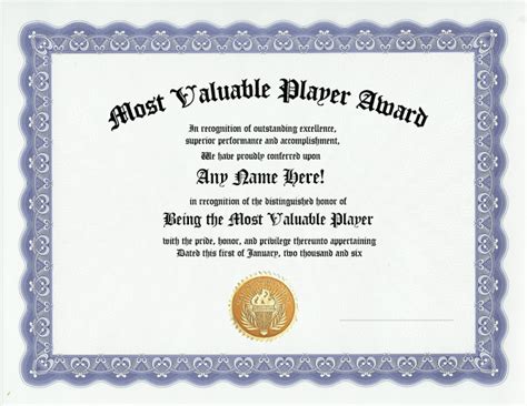 MOST VALUABLE PLAYER AWARD- TEAM MVP AWARDS CERTIFICATE | eBay