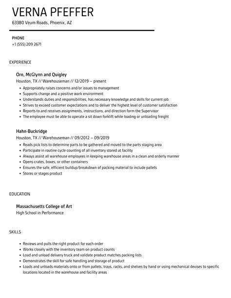 Warehouseman Resume Samples | Velvet Jobs