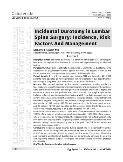 (PDF) Incidental Durotomy in Lumbar Spine Surgery: Incidence, Risk Factors And Management