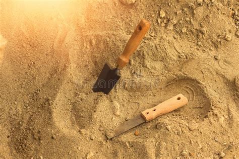 Shovel in the Sand.Skeleton and Archaeological Tools.Digging for Fossils Stock Image - Image of ...