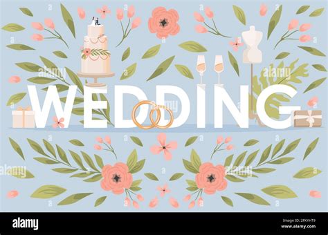 Wedding word vector flat banner template. Green leaves, pink flowers ...