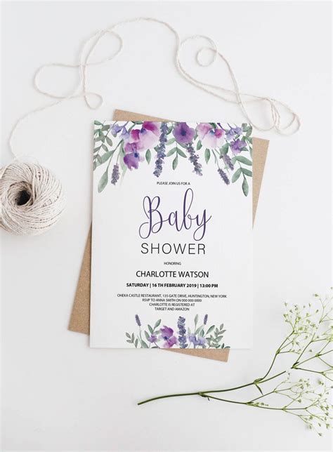 PURPLE Baby Shower Invitation Printable Template Digital - Etsy | Lavender baby shower ...