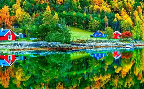 Charming Cottages Reflected in the Lake, forest, autumn, cottages ...