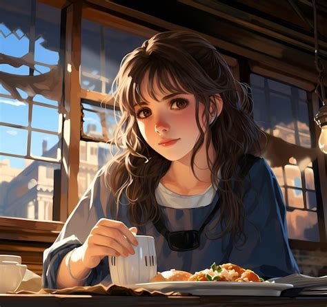 Premium AI Image | Anime girl with brown hair in a cafe having breakfast looking at the camera ...