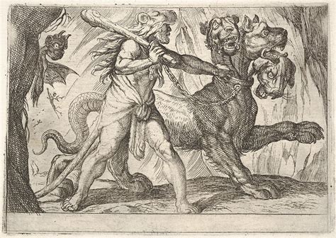 Antonio Tempesta | Hercules and Cerberus: Hercules grasps the collar of Cerberus, two demons ...