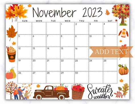 Editable November 2024 Calendar with Pumpkins