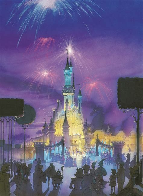 DLP Sleeping Beauty castle at night with fireworks over the castle from ...