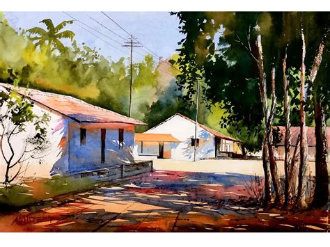 Village Life | Watercolor Painting by Abhijeet Bahadure | Exotic India Art