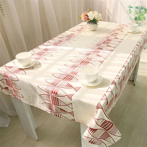 Tablecloths White Table Cloth Cotton Covers Simple Fish Pattern Oval Large Tablecloth Cloth ...