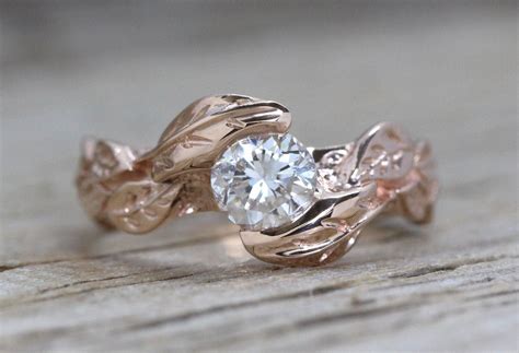 Rose Gold Diamond Engagement Ring With Leaves, Engagement Ring Nature ...