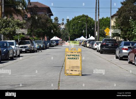 Los Angeles, CA USA - June 24, 2021: Sign in street for the Echo Park Farmers Market at the ...