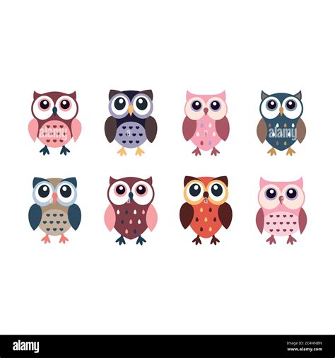 Cute owl colorful cartoon icons. Little owls or owlet character vector ...