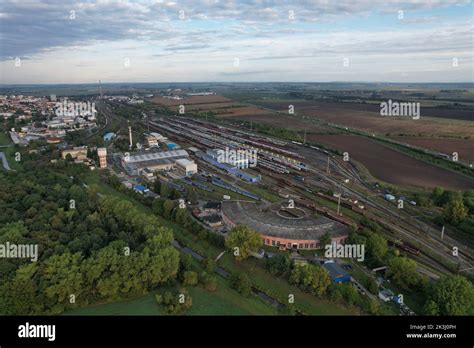 Railway turntable for locomotives aerial panorama landscape view,Nymburk trainstation,Europe ...