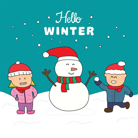 Vector kids drawing Hello winter typography with children building a ...