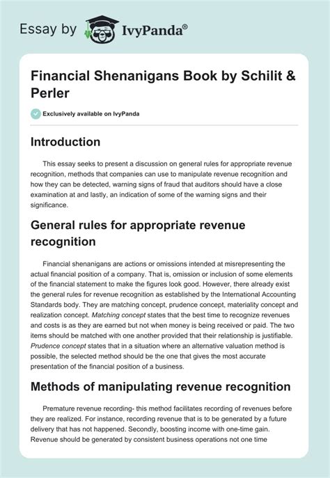 Financial Shenanigans Book by Schilit & Perler - 643 Words | Essay Example