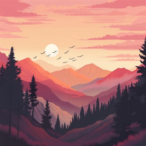 Premium Photo | Mountains and trees in a sunset scene with birds flying ...