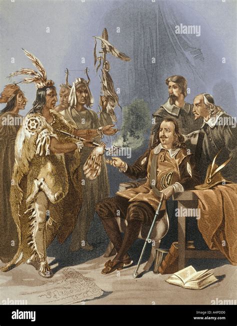 Chief Massasoit offers peace pipe to John Carver, governor of Plymouth Colony, Massachusetts ...