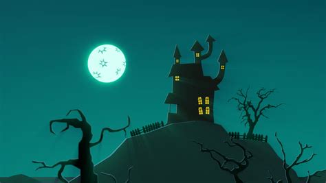 01576 Spooky Halloween Haunted House On The Hill With Moon Ghosts ...