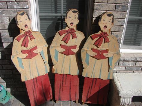 Vtg Outdoor Christmas Carolers Set: 4-foot 3-pc Wooden Holiday Lawn Ornaments - | #1830560449