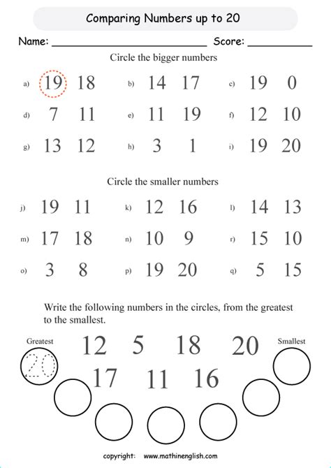 Compare numbers up to 20 grade 1 math worksheet for math tutoring and math school. | Math ...