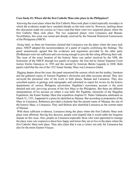 Case Study: Where did the first Catholic Mass take place in the Philippines? - Readings in - Studocu