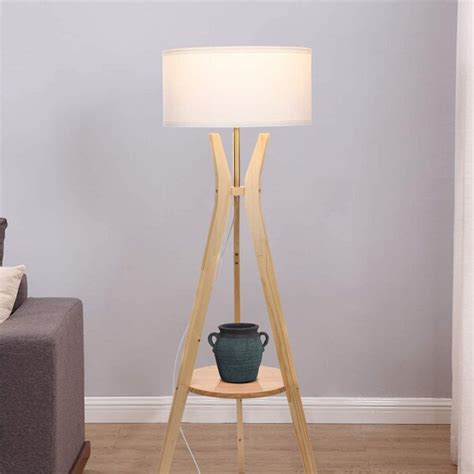 Brightech LED Mid Century Modern Wooden Tripod Base Floor Lamp W/ Shelf, Natural | Wayfair