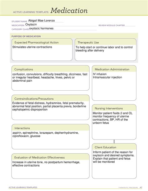 ATI-Oxytocin - MEDS - ACTIVE LEARNING TEMPLATES THERAPEUTIC PROCEDURE A Medication STUDENT NAME ...