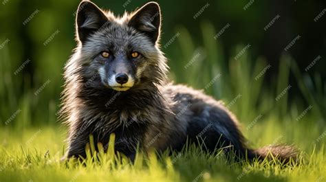 Premium AI Image | a gray wolf laying in the grass with a green background