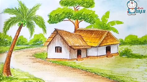 How to draw village scenery step by step with oil pastels - YouTube | Landscape drawing easy ...