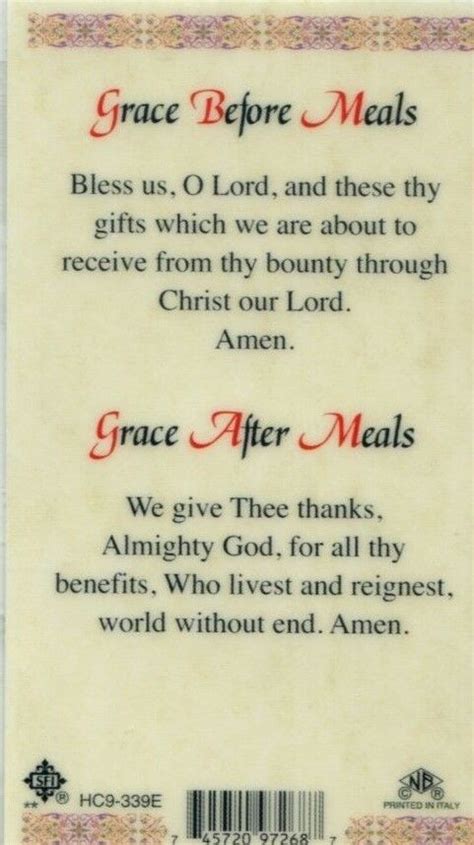 Grace Before and After Meals Prayer Card - Item EB885 - Laminated ...