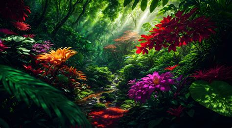 A breathtaking 4K wallpaper featuring a dense tropical rainforest with towering trees adorned ...