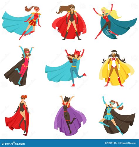 Female Superheroes In Classic Comics Costumes With Capes Set Of Smiling ...