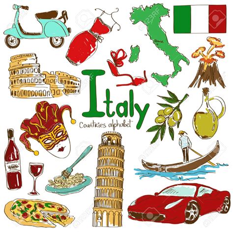 Fun Colorful Sketch Collection Of Italy Icons, Countries Alphabet ...