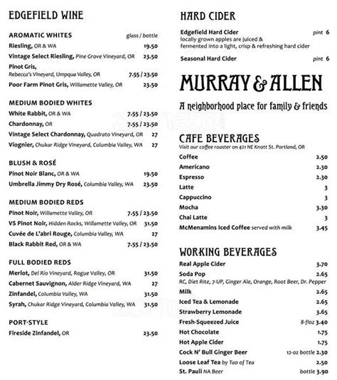 Menu at McMenamins Murray & Allen pub & bar, Beaverton