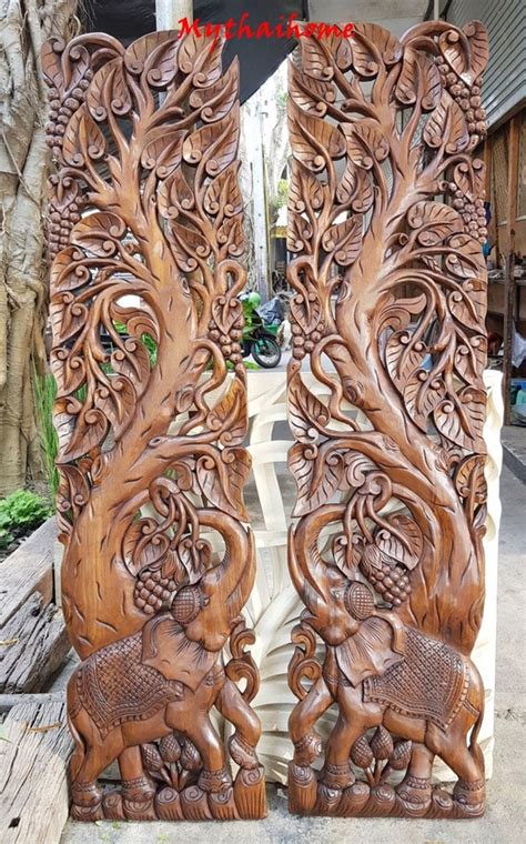 2 Large Wood Carved Elephant Hand Carved Natural Teak Wood | Etsy