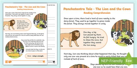 Panchatantra tale- The Lion and the Cows Reading Comprehension