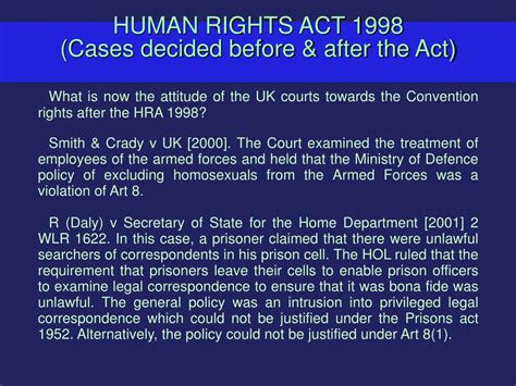 PPT - HUMAN RIGHTS ACT 1998 (Cases decided before and after the Act ...