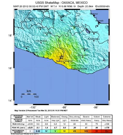 Modified Mercalli Intensity shake map of the 2012 M7.4 Oaxaca, Mexico ...