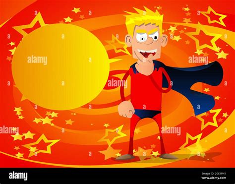 Funny cartoon man dressed as a superhero holding finger under his mouth. Vector illustration ...