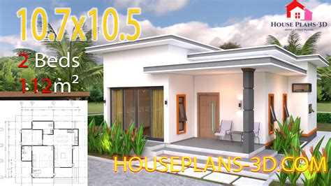 House Plans 10.7x10.5 with 2 Bedrooms Flat roof - House Plans 3D